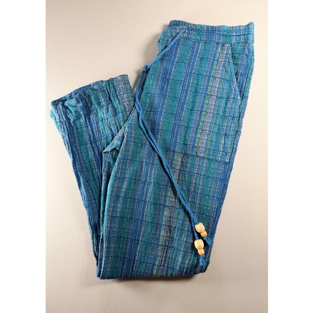 Sundance Blue Striped Textured Drawstring Pants Womens Small Boho Wooden Beads
